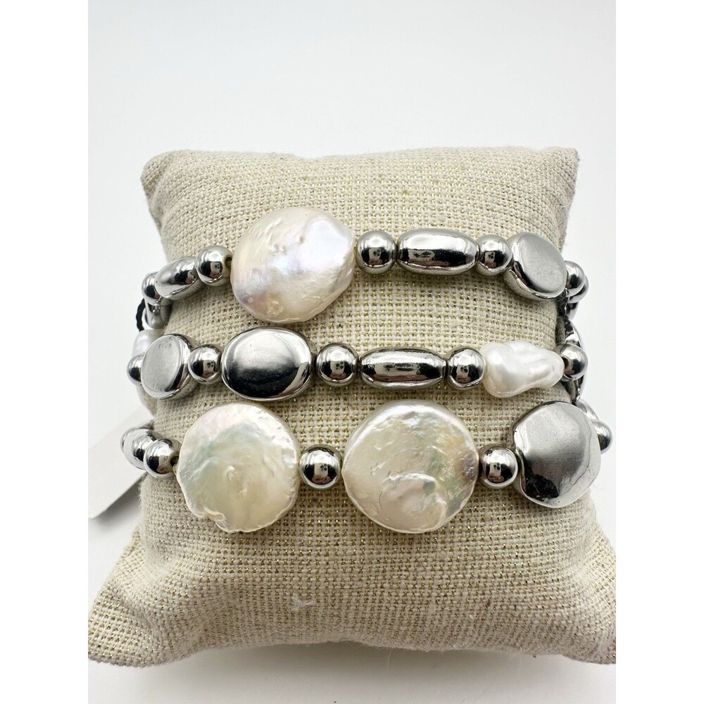 Freshwater Coin Pearl Silver Tone Bead Stretch Bracelets